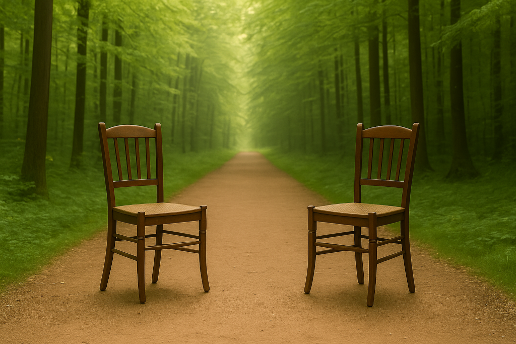 Datenschutzerklärung 1 Zwei Stühle im Wald auf einem Weg – symbolisch für systemische Beratung im Dialog