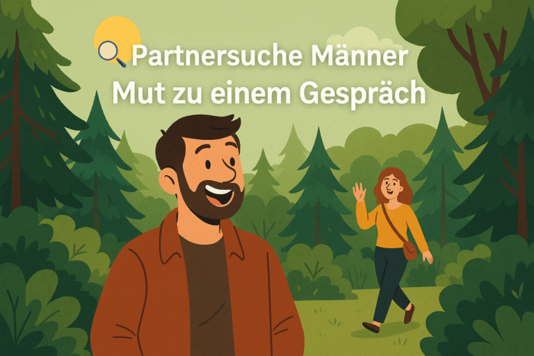 Illustration: lachender Mann im Wald, eine Frau kommt auf ihn zu – Partnersuche Männer, Frau kennenlernen Tipps