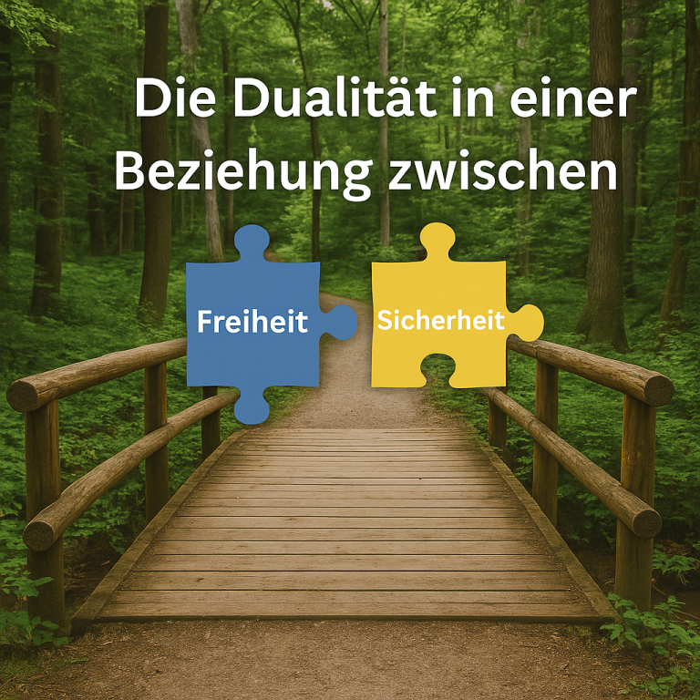 Holzbrücke im Wald mit den Worten Freiheit und Sicherheit als Puzzleteile – Symbol für die Dualität in Beziehungen
