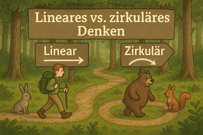 Humorvolle Illustration im Wald: Wanderer läuft linear geradeaus, Bär dreht sich zirkulär, beschriftet mit ‚Lineares vs. zirkuläres Denken