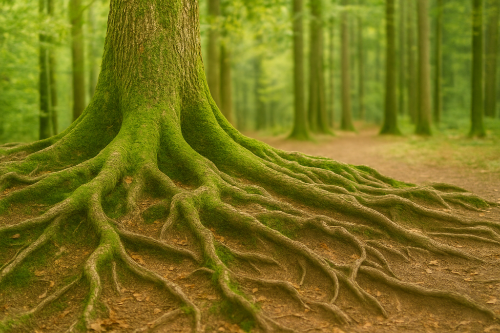Blog 7 Baum mit tiefen, verzweigten Wurzeln im Wald – Symbol für Verbundenheit, Tiefe und Themen aus dem Systemische Beratung Blog