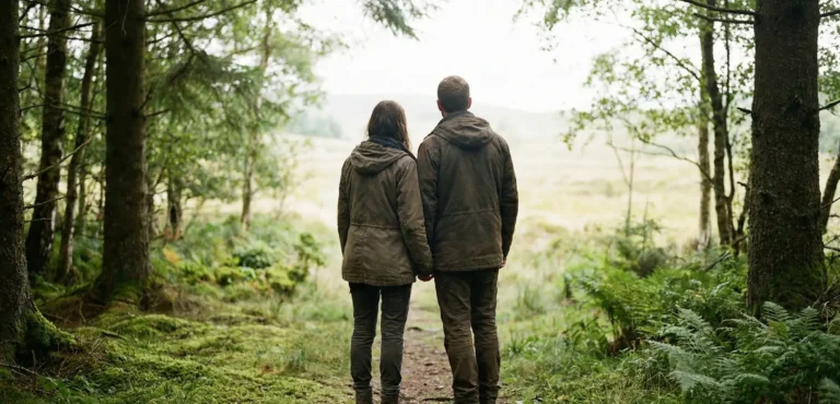 Paar geht gemeinsam einen Waldweg entlang – Symbol für Freiheit und Bindung in Beziehungen