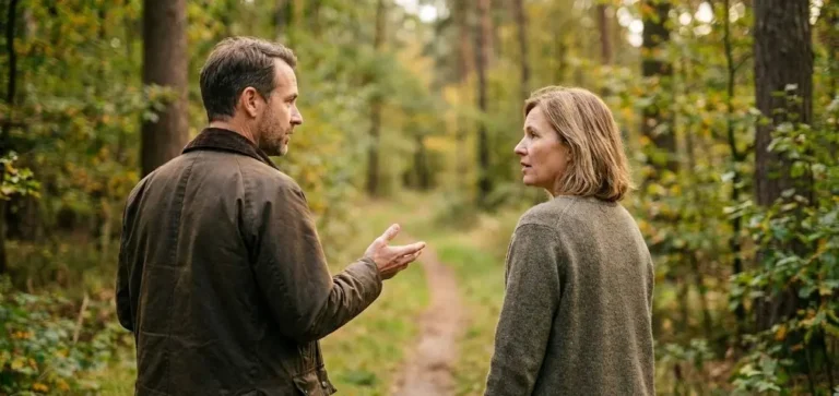 Systemische Beratung im Gehen: Zwei Erwachsene im Gespräch auf einem Waldweg