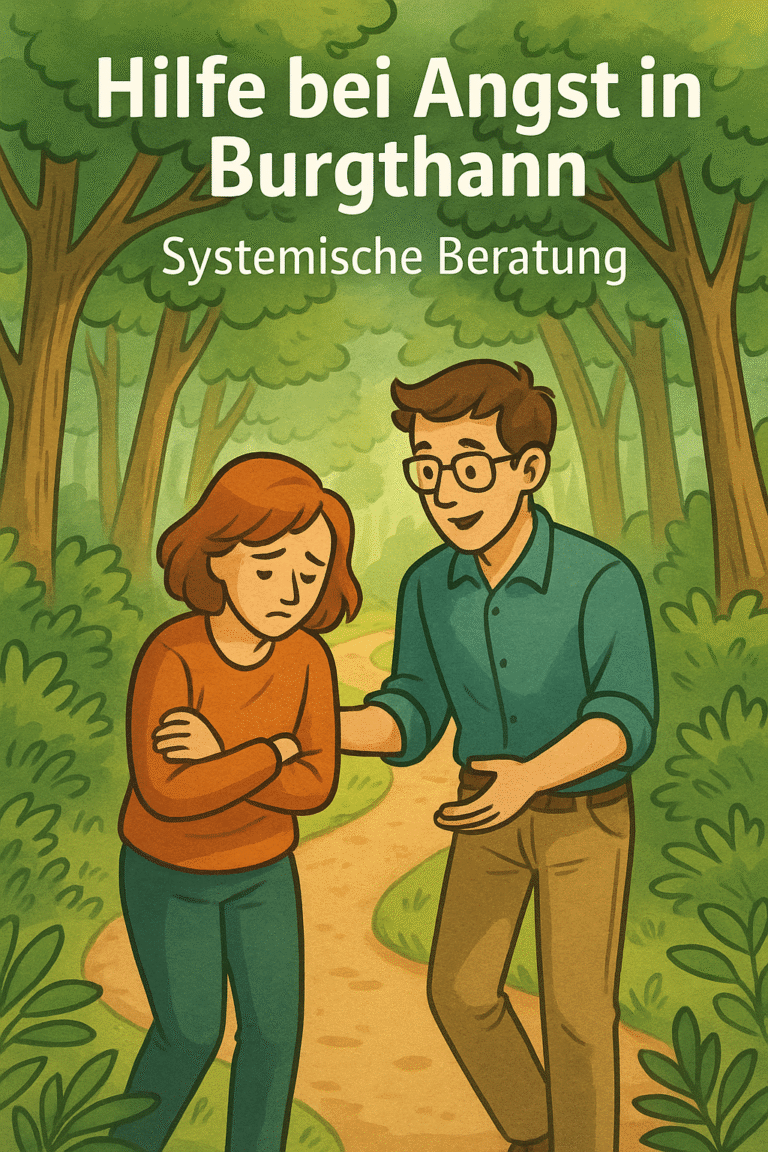 Comicartige Illustration: Hilfe bei Angst in Burgthann – systemische Beratung im Wald