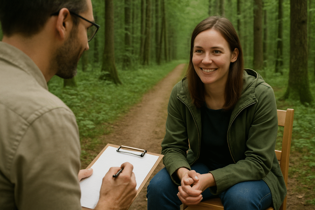 Systemische Beratung Burgthann 1 Beratungsgespräch im Wald: Eine Frau sitzt nachdenklich auf einem Stuhl, während ihr Berater mit Klemmbrett gegenüber sitzt – Systemische Beratung Burgthann.