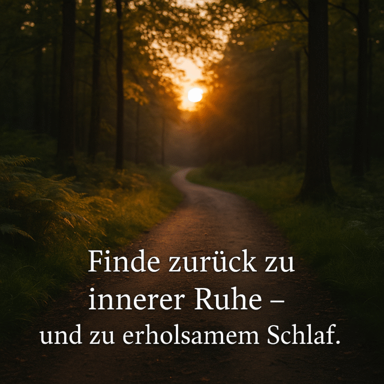 💤 Schlaf und Psyche – Warum guter Schlaf entscheidend für dein seelisches Gleichgewicht ist 1 Waldweg im Abendlicht – Symbol für Ruhe, Balance und erholsamen Schlaf in Verbindung mit Psyche.