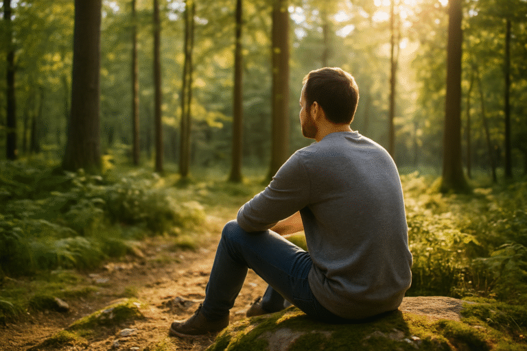 Person sitzt ruhig im hellen Wald auf einer Lichtung – Symbolbild dafür, wie man eine Trennung überwinden und wieder innere Ruhe finden kann.