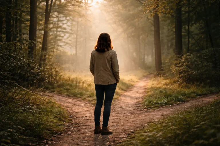 Person steht an einer Weggabelung im Wald und reflektiert eine Entscheidung treffen