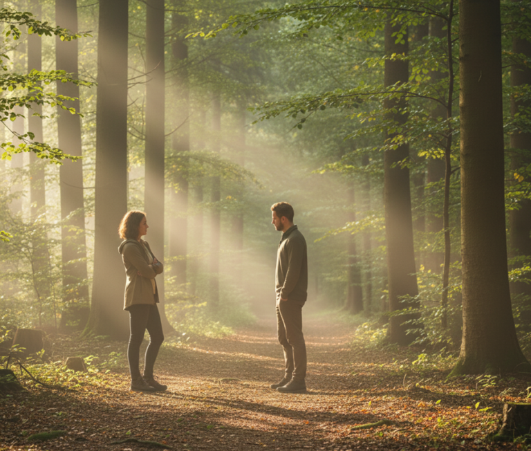 Fremdgehen – Orientierung nach einem Vertrauensbruch. Ein Paar steht nachdenklich mit Abstand zueinander auf einem nebligen Waldweg.