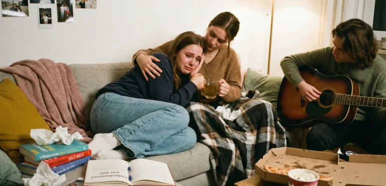 Eine traurige Frau sitzt auf dem Sofa und hält den Kopf in den Händen, Symbolbild für Liebeskummer.