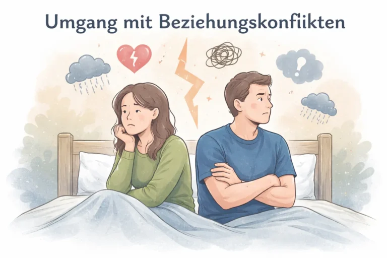 Illustration eines Paares sitzt emotional distanziert Rücken an Rücken im Bett, Symbol für Beziehungskonflikte