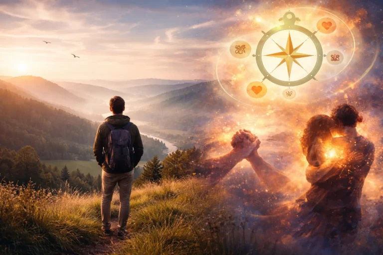 Symbolisches Titelbild zum Thema Lebenssinn finden – Person blickt über weite Landschaft, kombiniert mit leuchtendem Wertekompass und Verbindungssymbolik