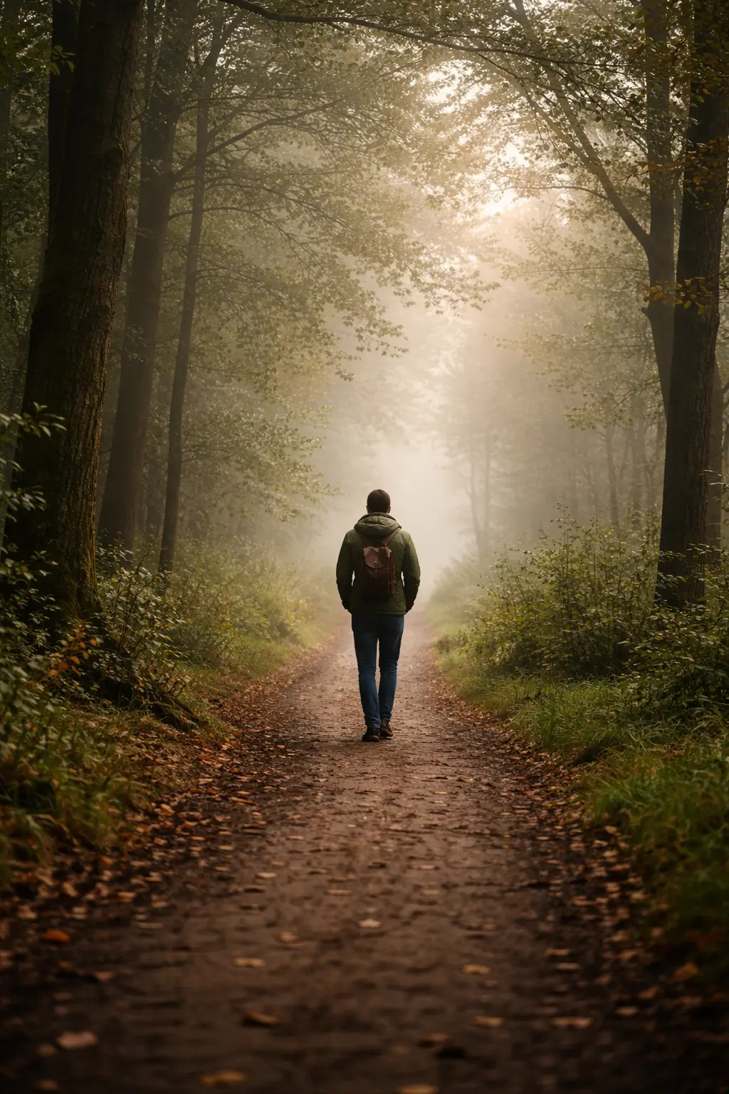 Person läuft nachdenklich alleine auf einem Naturweg bei diffusem Morgenlicht