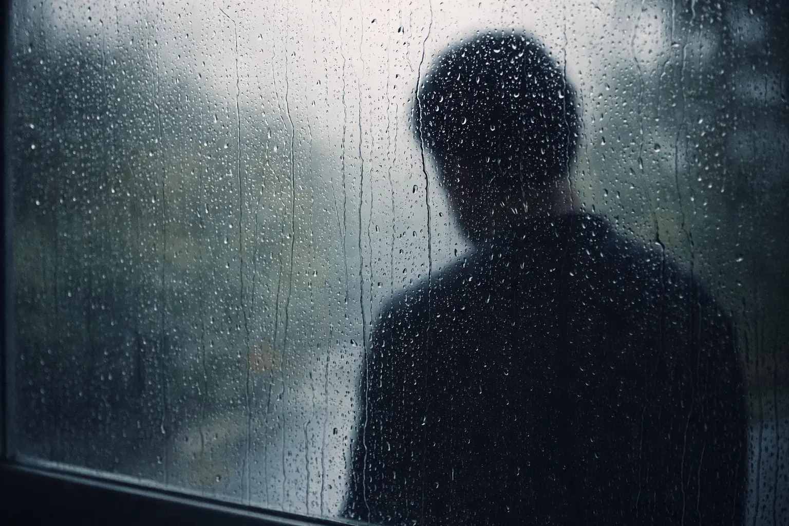 Person blickt durch verregnetes Fenster, symbolisiert emotionale Belastung und Stress