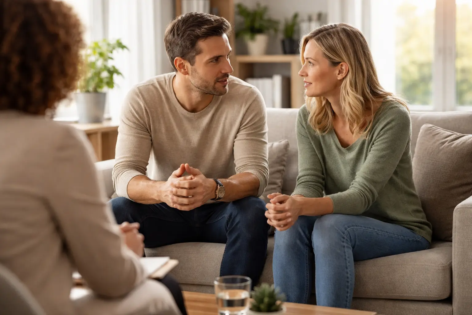 Paarberatung Nürnberg 2 Paar sitzt angespannt gegenüber und spricht über Beziehungskrise in ruhiger Gesprächssituation