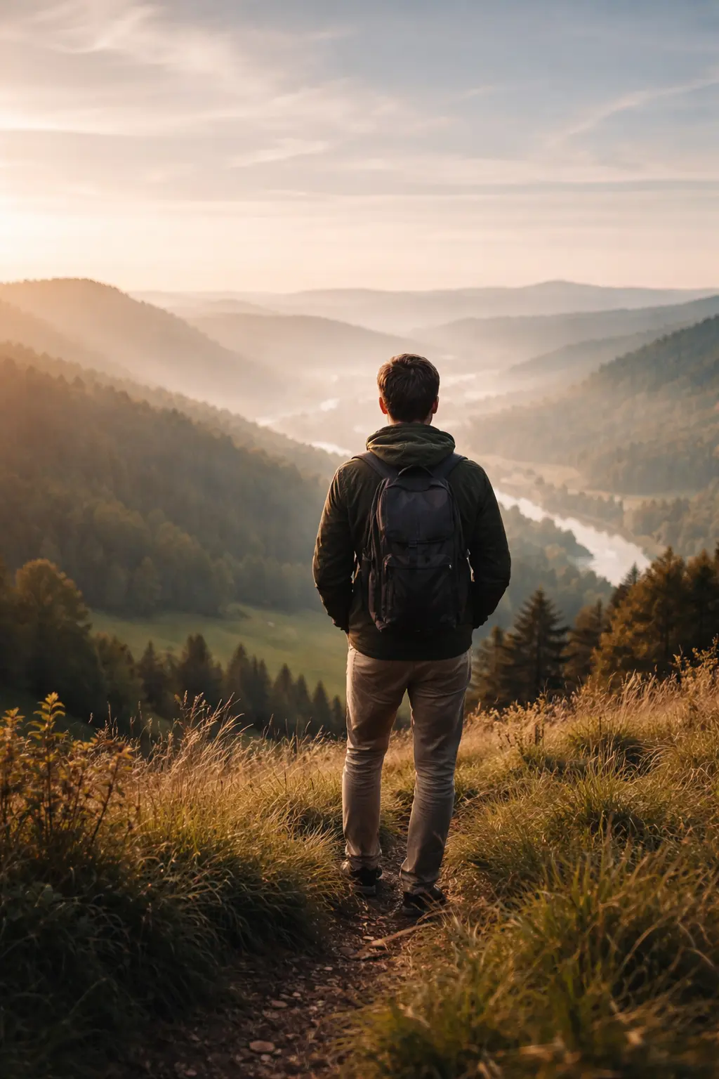 Lebenssinn finden in Übergangsphasen – Person blickt nachdenklich in weite Natur als Symbol für Neuorientierung