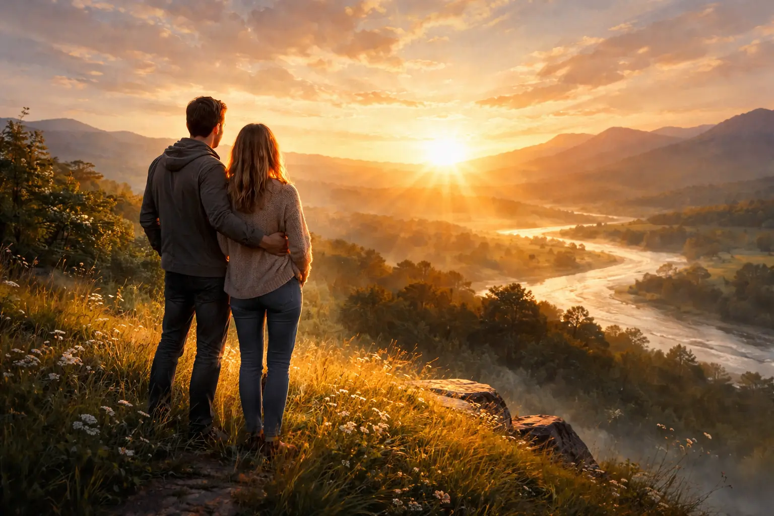 Paarberatung Nürnberg 5 Paar blickt gemeinsam in Licht am Horizont als Symbol für Orientierung und Neuanfang