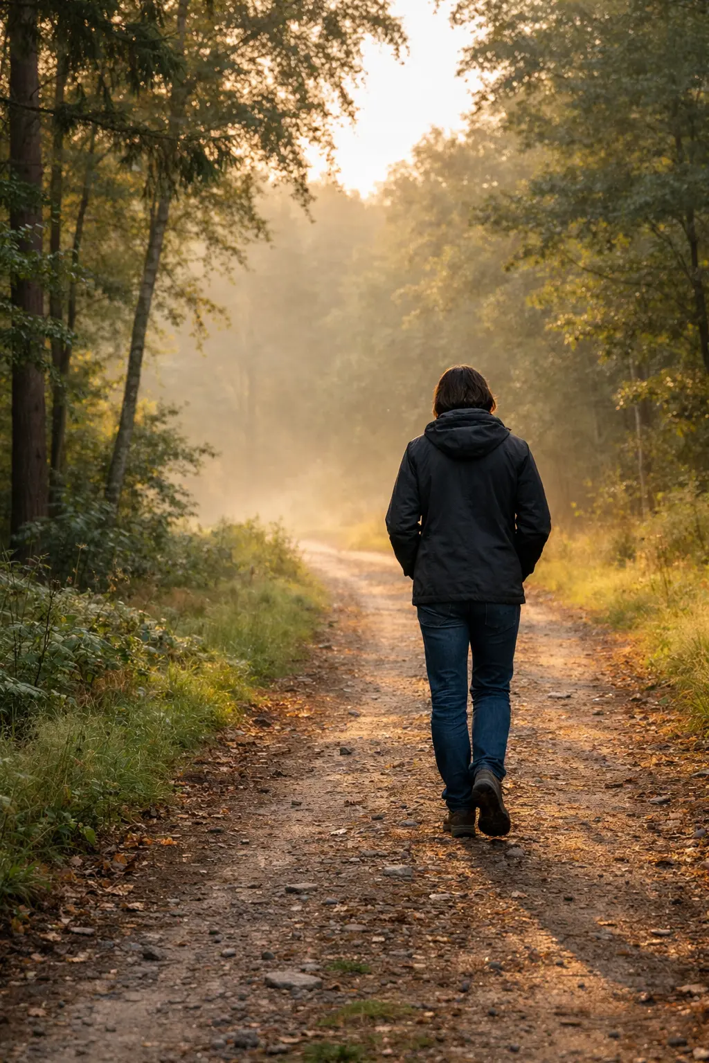 Liebeskummer was tun: Person geht alleine auf Naturweg und denkt über Trennung nach