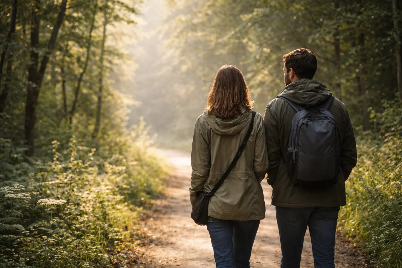 Zwei Menschen gehen spazieren und lernen sich in ruhiger Atmosphäre kennen