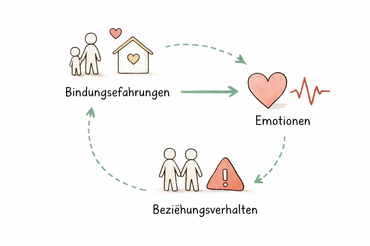 Einfache psychologische Skizze zeigt Zusammenhang zwischen Bindungsmuster, Emotionen und Beziehungsverhalten