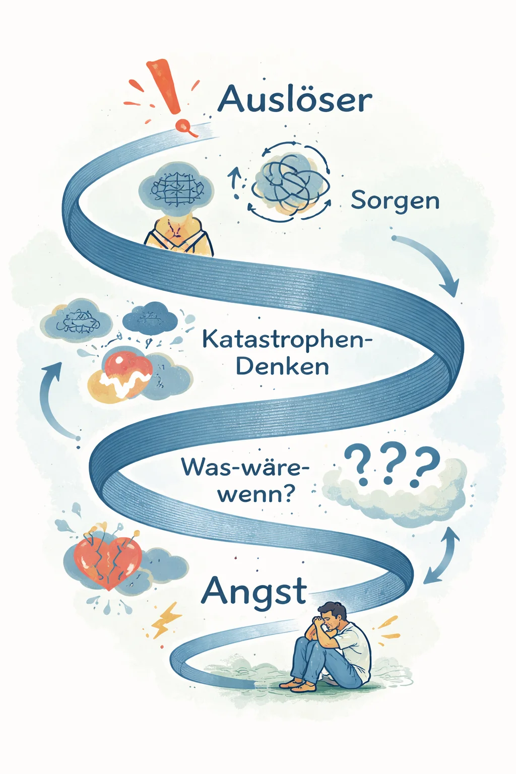 Illustration einer Gedankenspirale die zeigt wie Angst Gedanken verstärken kann