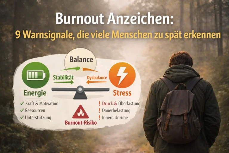 Burnout Anzeichen Übersicht mit Energie-Stress-Balance und erschöpfter Person im Wald