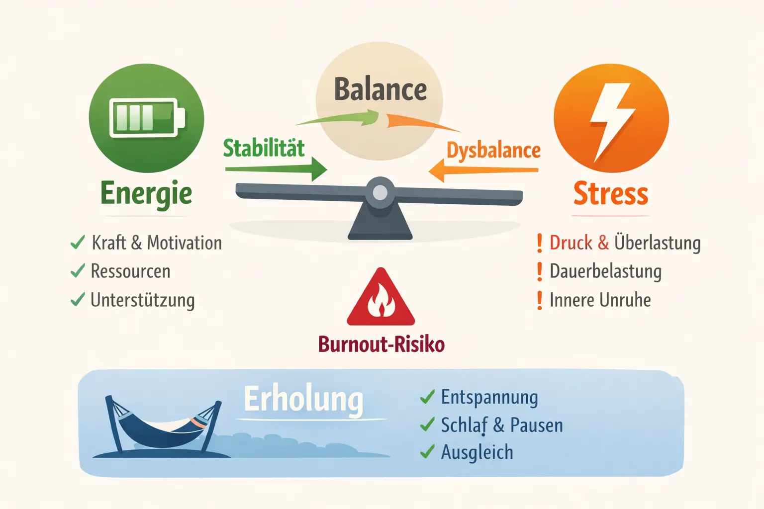 Infografik zur Balance zwischen Stress, Energie und Burnout Anzeichen