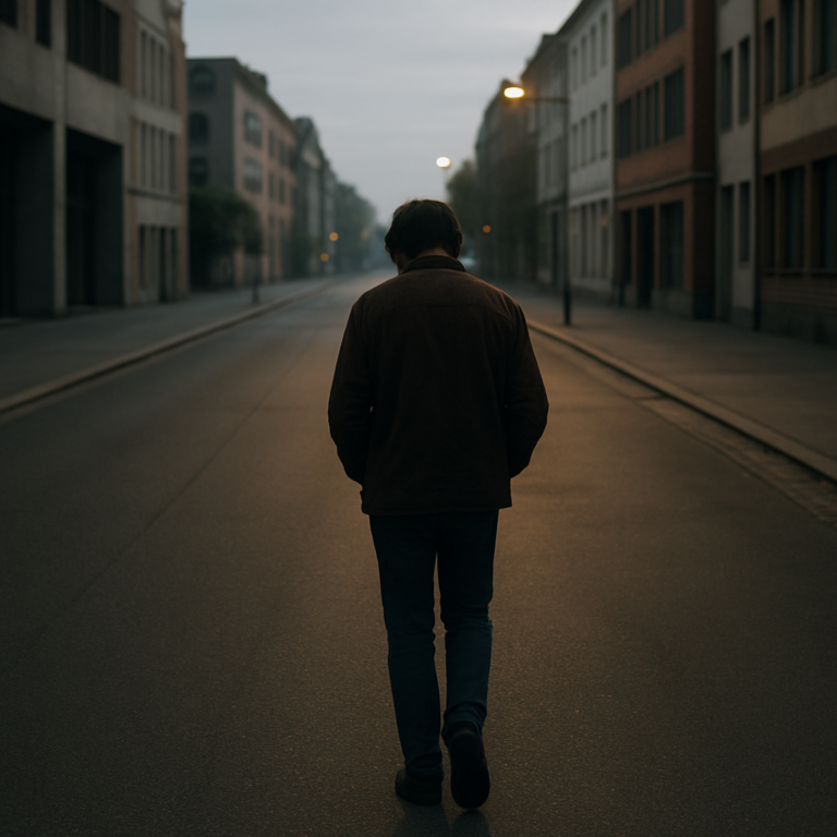 Depression erkennen im Alltag: nachdenkliche Person auf leerer morgendlicher Straße