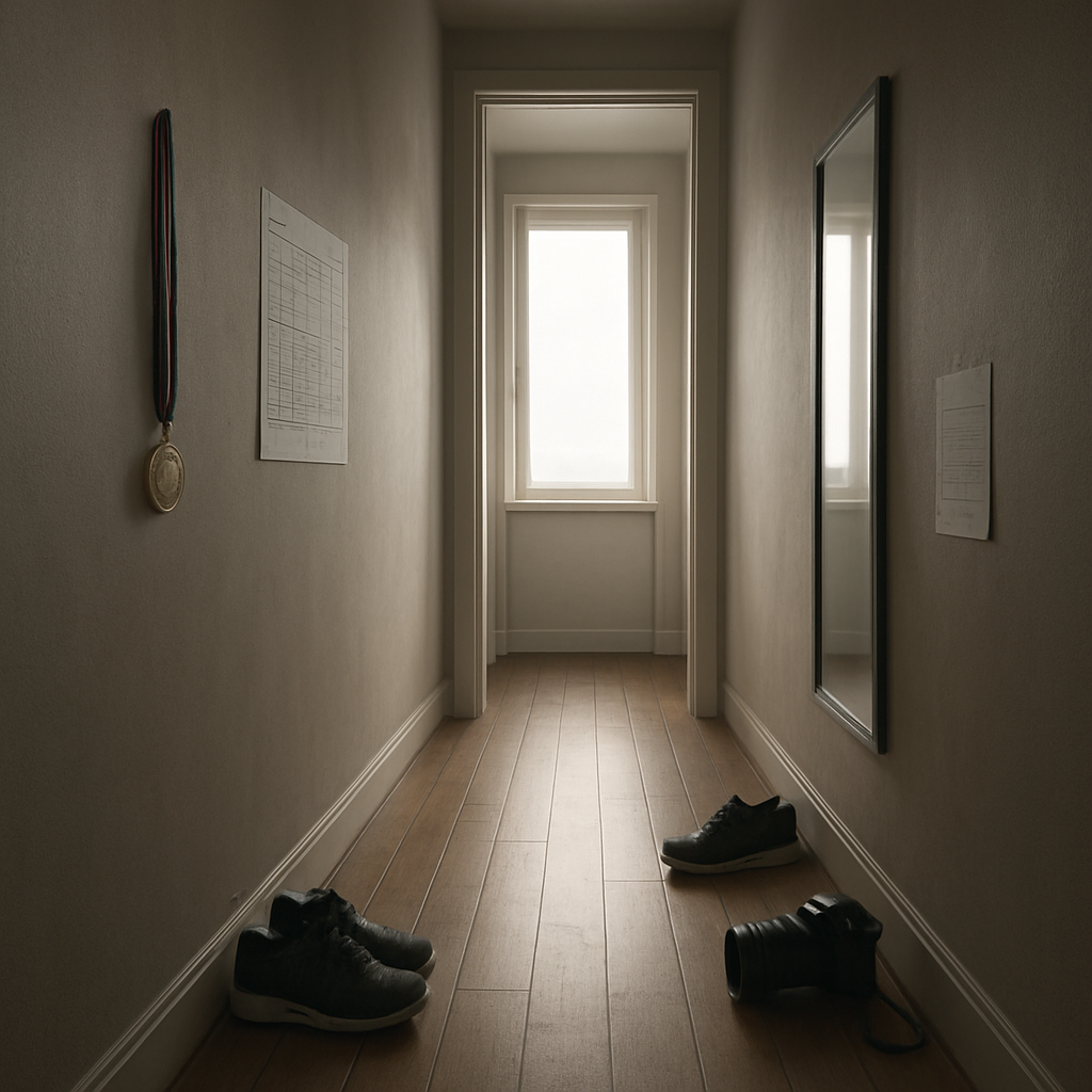 Enger Flur zwischen Pokalen und Ruhe als Bild für inneren Druck trotz Erfolg