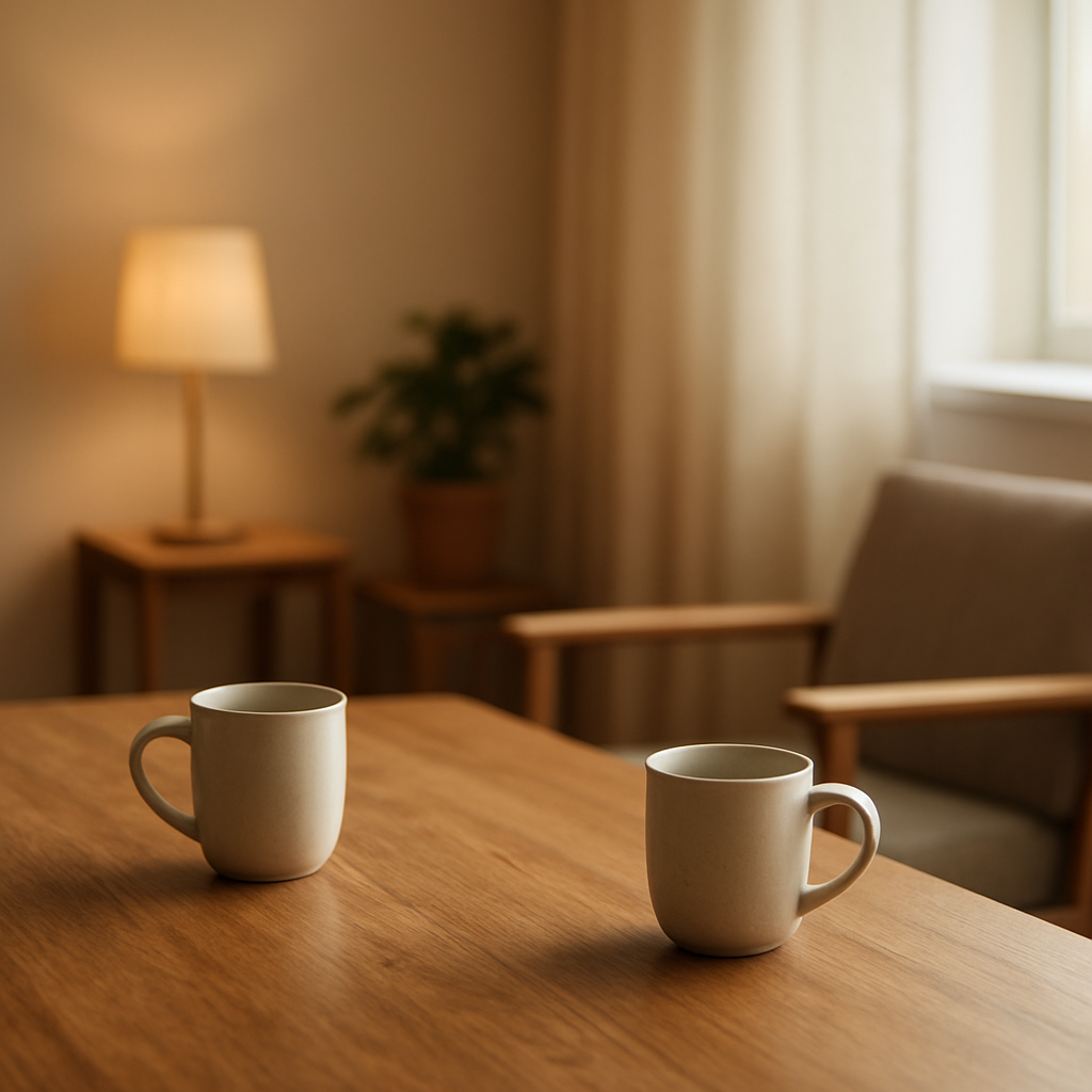 Zwei Tassen auf einem Tisch als Bild für ein ruhiges Erstgespräch