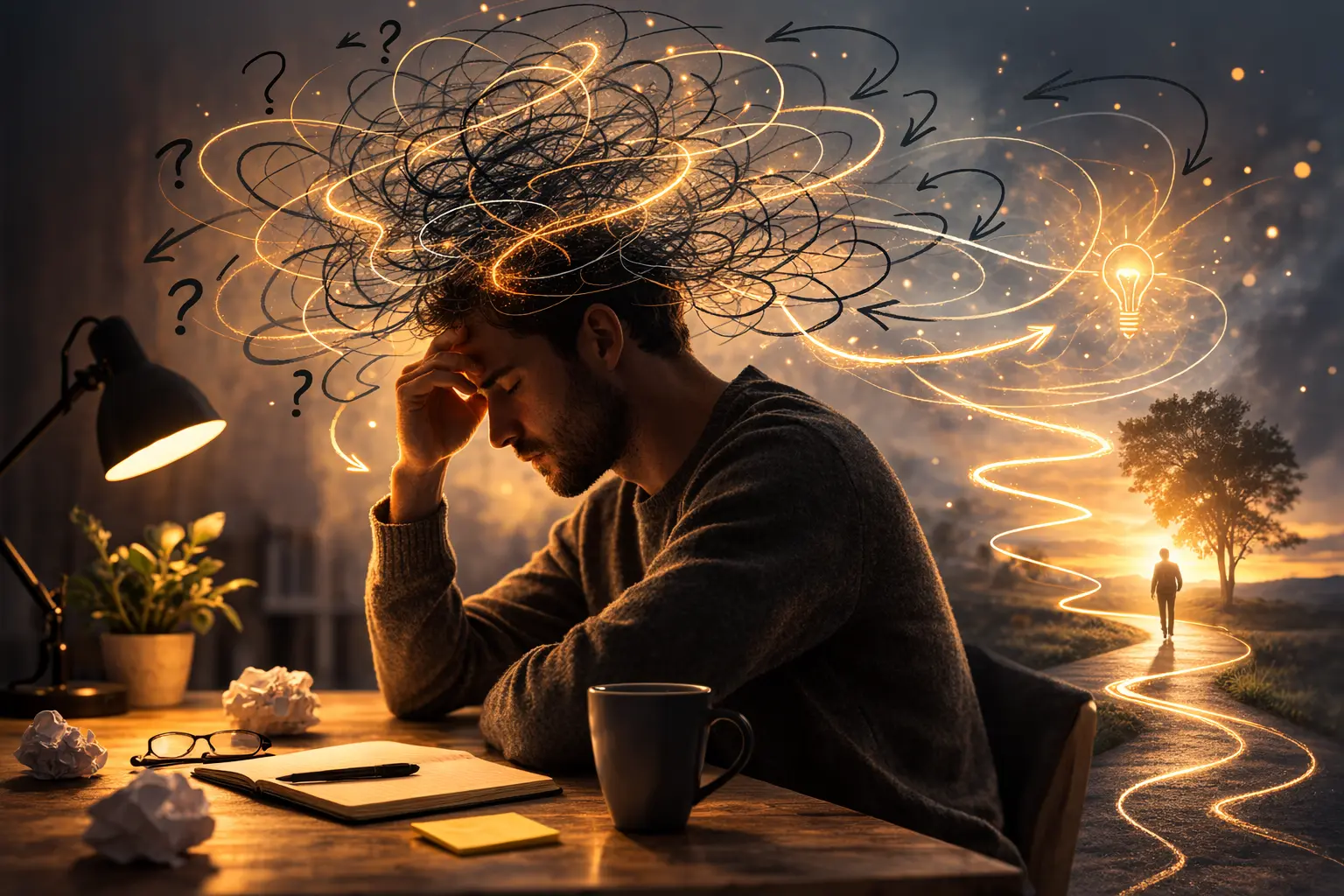 Symbolisches Bild für Grübeln mit kreisenden Linien um eine nachdenkliche Person