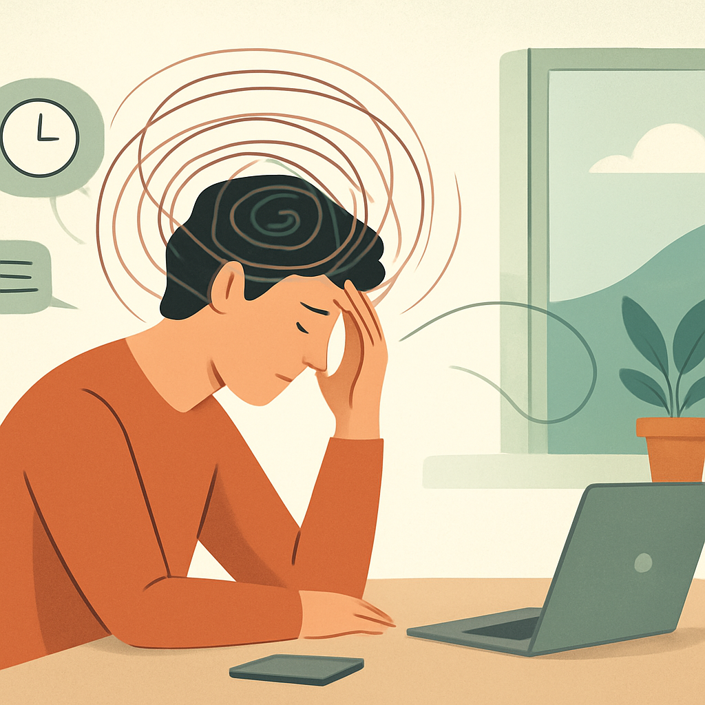 angespannte Person im Alltag zwischen Handy, Laptop und kurzer Atempause