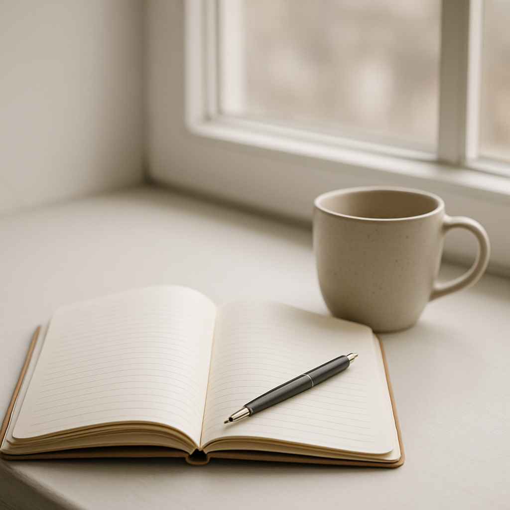 Notizbuch am Fenster als Bild für gedankliche Sortierung und innere Unruhe