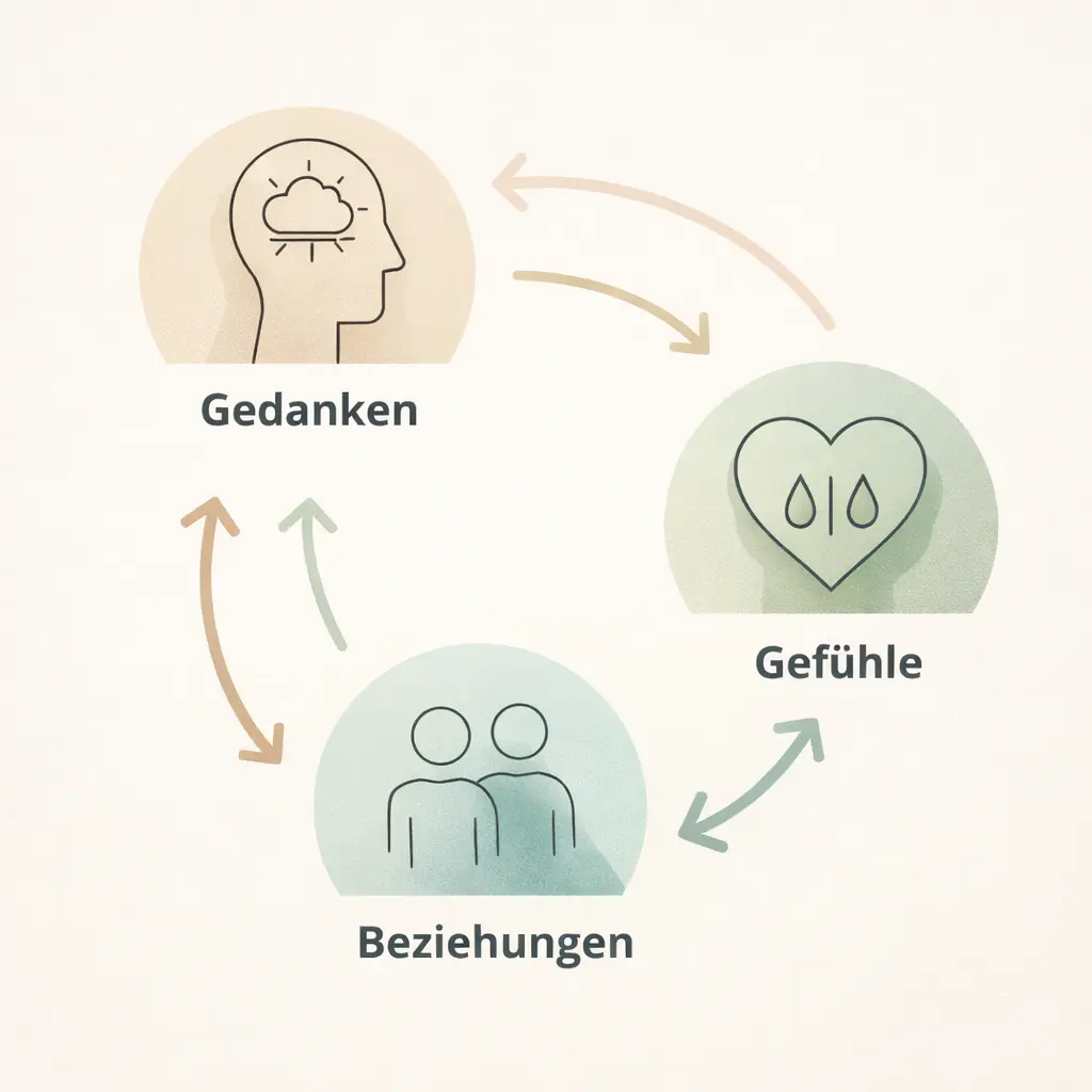 Psychotherapie Nürnberg 3 Illustration eines systemischen Modells mit Gedanken, Gefühlen und Beziehungsebenen