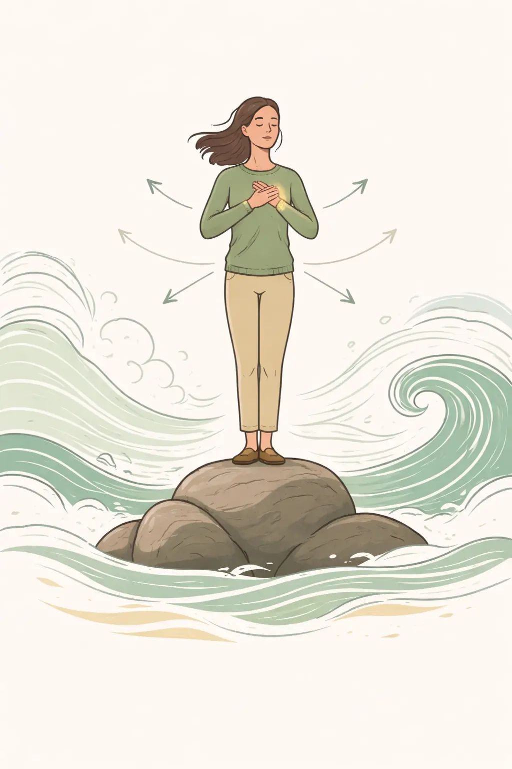 Illustration eines psychologischen Resilienz-Modells mit den Faktoren Selbstwahrnehmung, Beziehungen, Denken, Sinn und Erholung