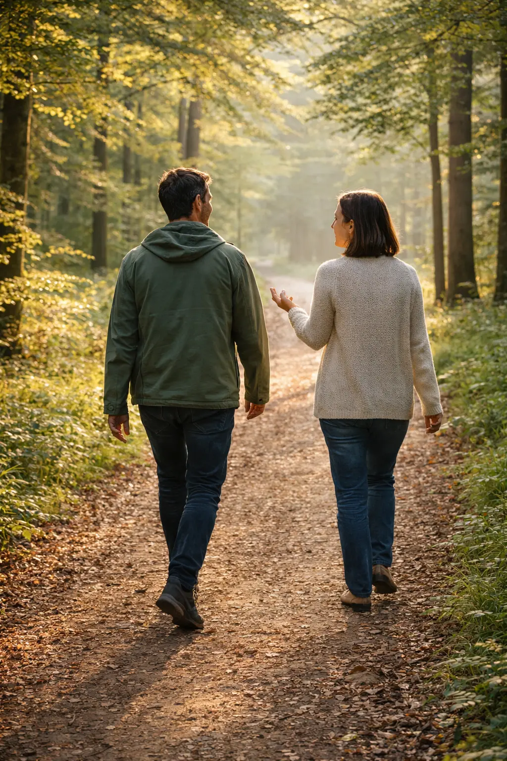 Authentisches Naturfoto eines Walk-and-Talk-Gesprächs als Symbol für Orientierung, Reflexion und Resilienz im Alltag