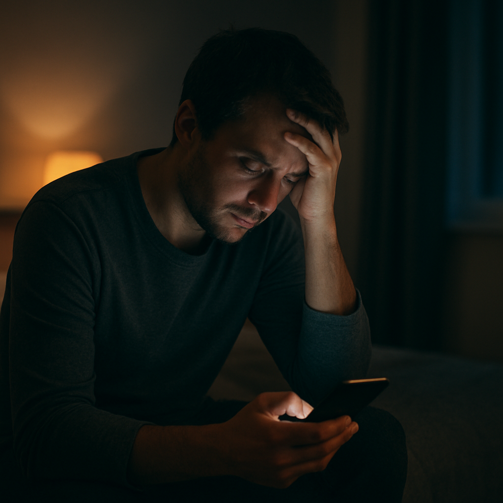 Nächtlicher Rückzug mit Handy als Bild für Überforderung, Schlaflosigkeit und den Wunsch nach Veränderung