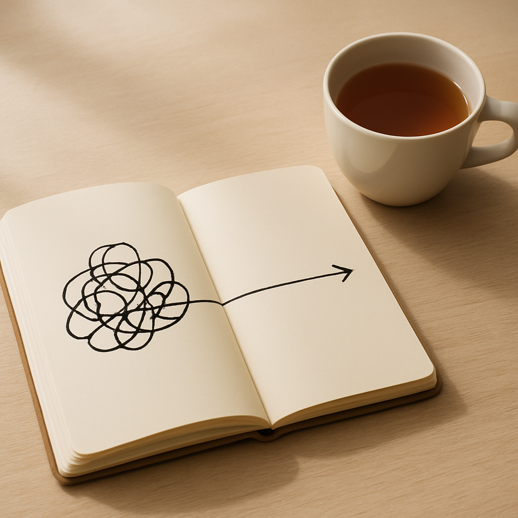 geordneter Arbeitsplatz mit Notizbuch, Tee und ruhigem Licht