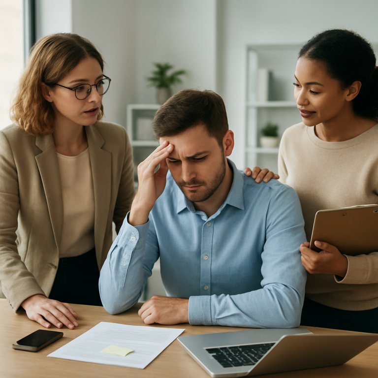 Überforderung Job im Arbeitsalltag mit unterstützendem Teammoment