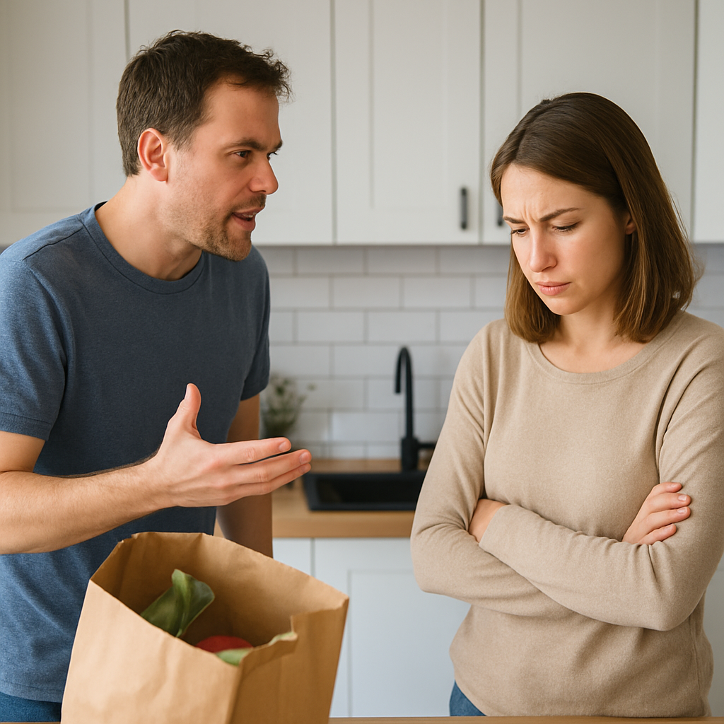 warum streiten Paare immer wieder über das gleiche: 7 psychologische Einsichten, die wirklich weiterhelfen 1 Angespannte Küchenszene eines Paares im Alltag