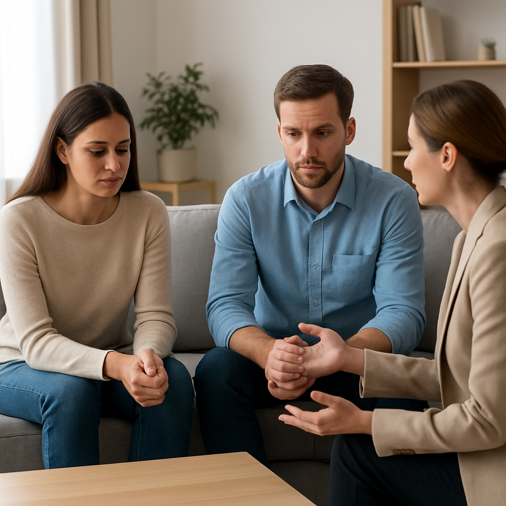 warum streiten Paare immer wieder über das gleiche: 7 psychologische Einsichten, die wirklich weiterhelfen 5 Paar im ruhigen Gespräch mit strukturierender Begleitung