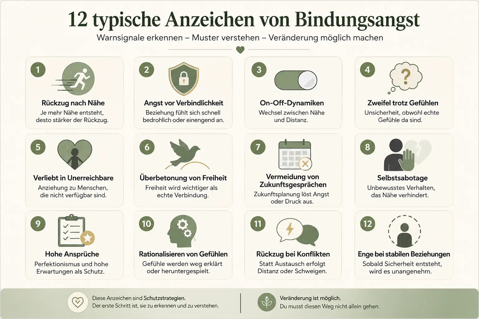 12 typische Anzeichen von Bindungsangst als übersichtliche Infografik