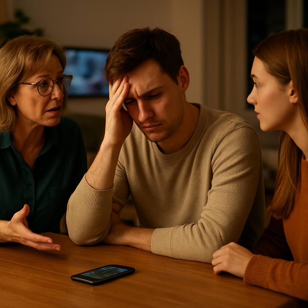 Abendliche Familienszene, in der Reize und Gesprächsanforderungen gleichzeitig auf eine Person einwirken