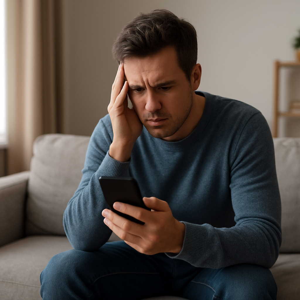 Person prüft angespannt Nachrichten nach einem unsicheren Beziehungskontakt