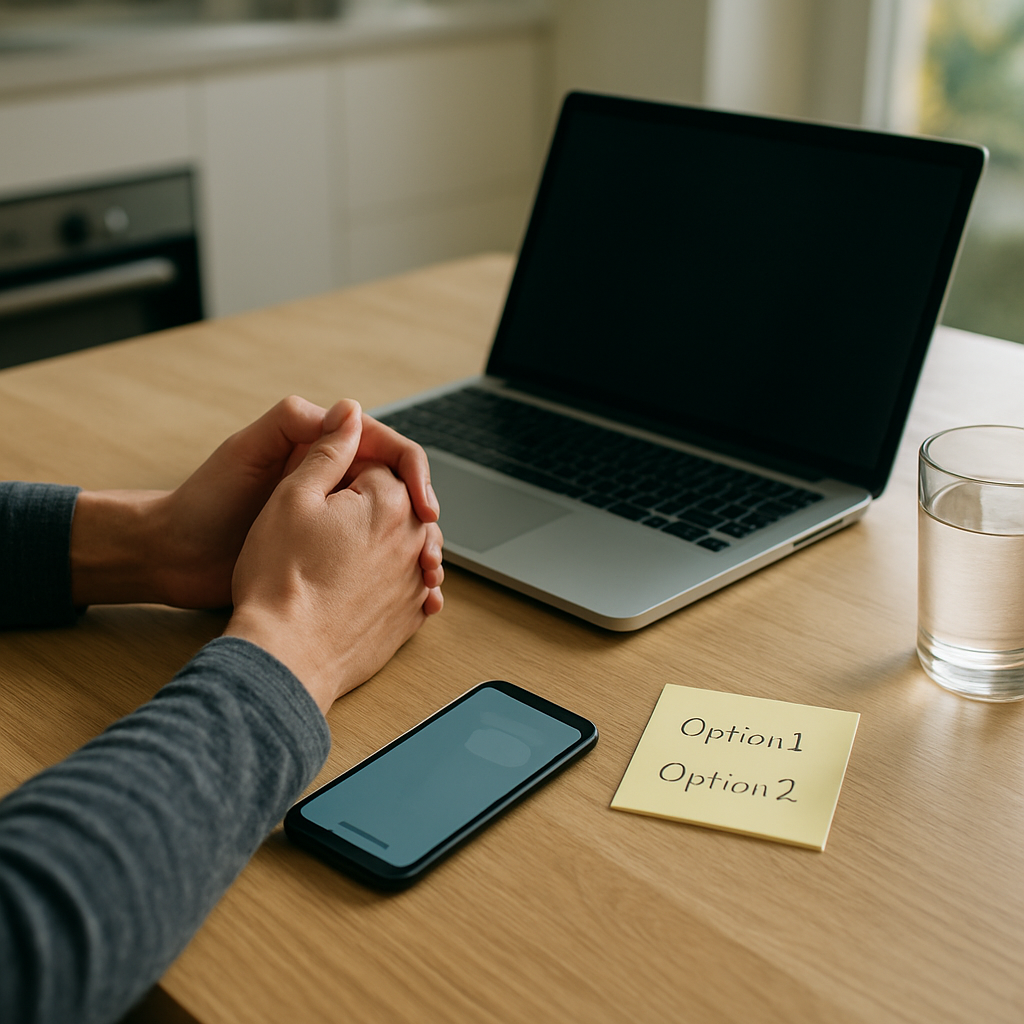 Alltagsszene mit Entscheidungsdruck zwischen Arbeit, Nachrichten und innerer Unruhe