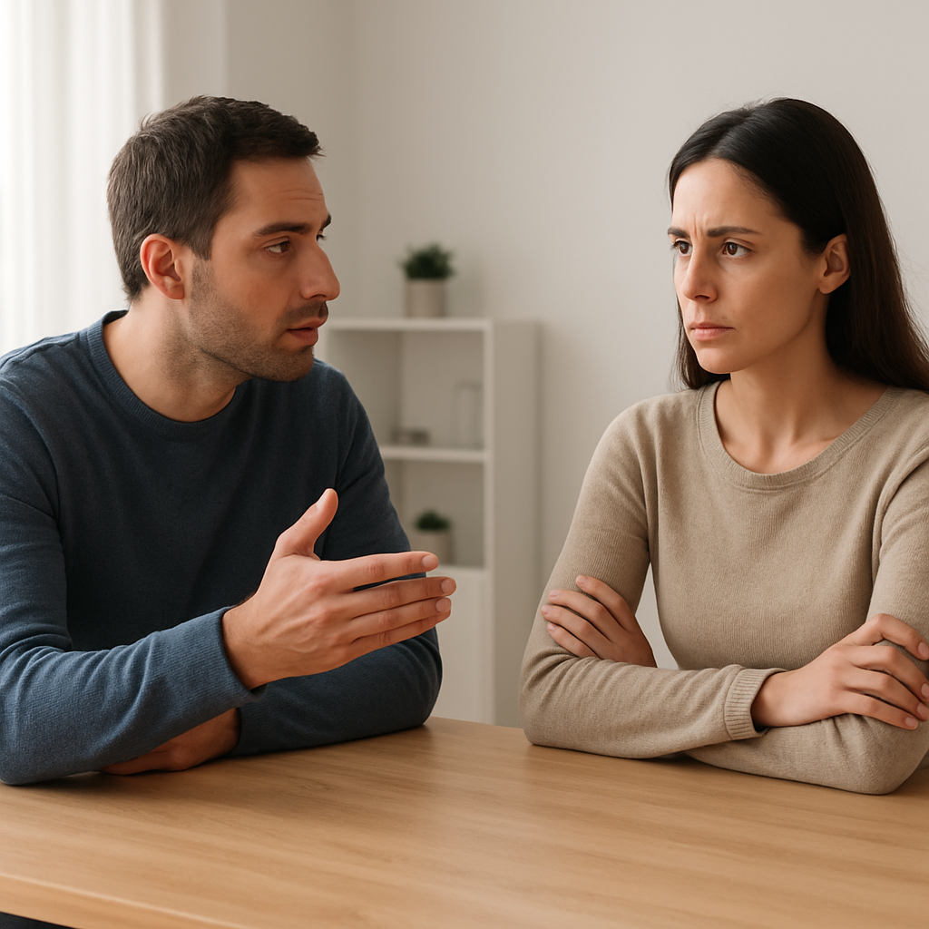 Paar in stiller Spannung an einem Tisch mit spürbarem Ungleichgewicht im Gespräch