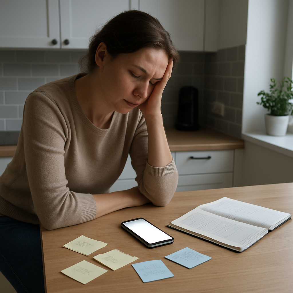 Alltagsszene mit innerer Enge zwischen Handy, To-do-Zetteln und Morgenroutine