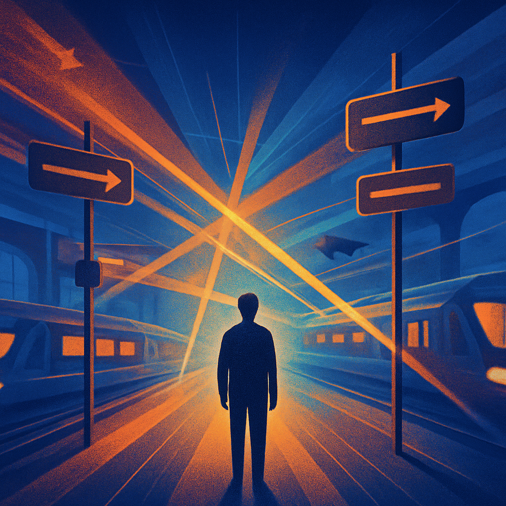 Psychologische Visualisierung eines überfüllten inneren Bahnhofs mit konkurrierenden Reizen