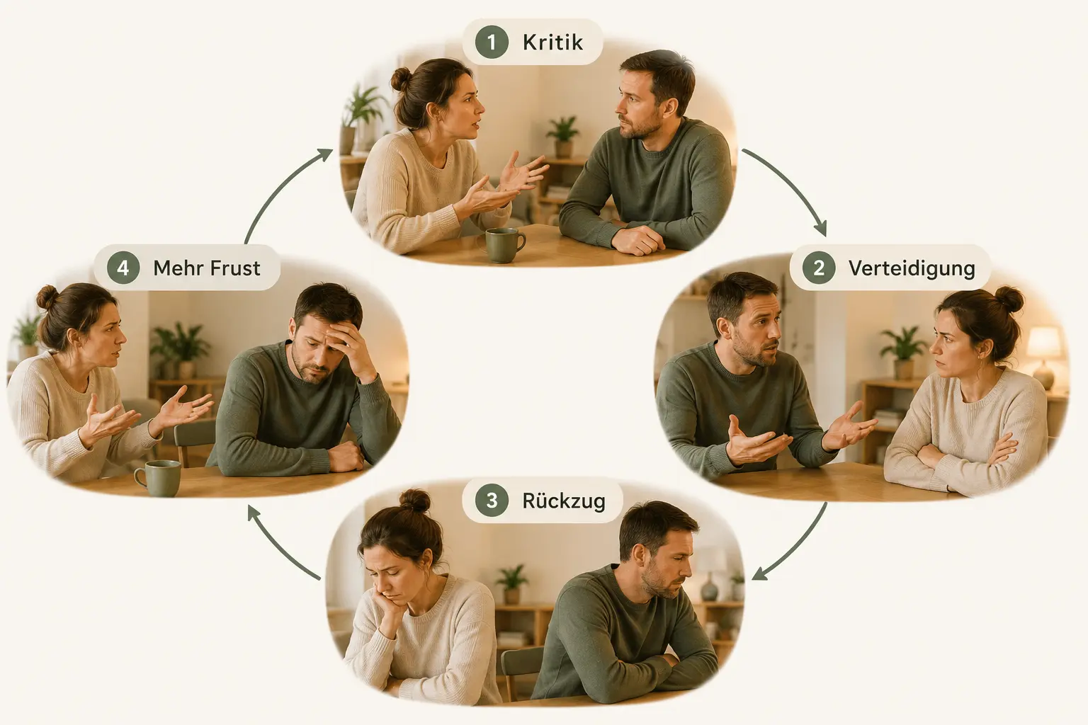 Kommunikationsprobleme in der Beziehung 10 Kreislauf aus Kritik, Verteidigung, Rückzug und wachsendem Druck