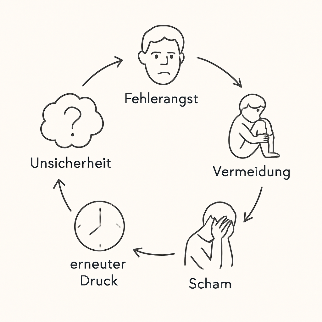 Skizze zum Kreislauf aus Fehlerangst, Vermeidung, Scham und steigendem Druck